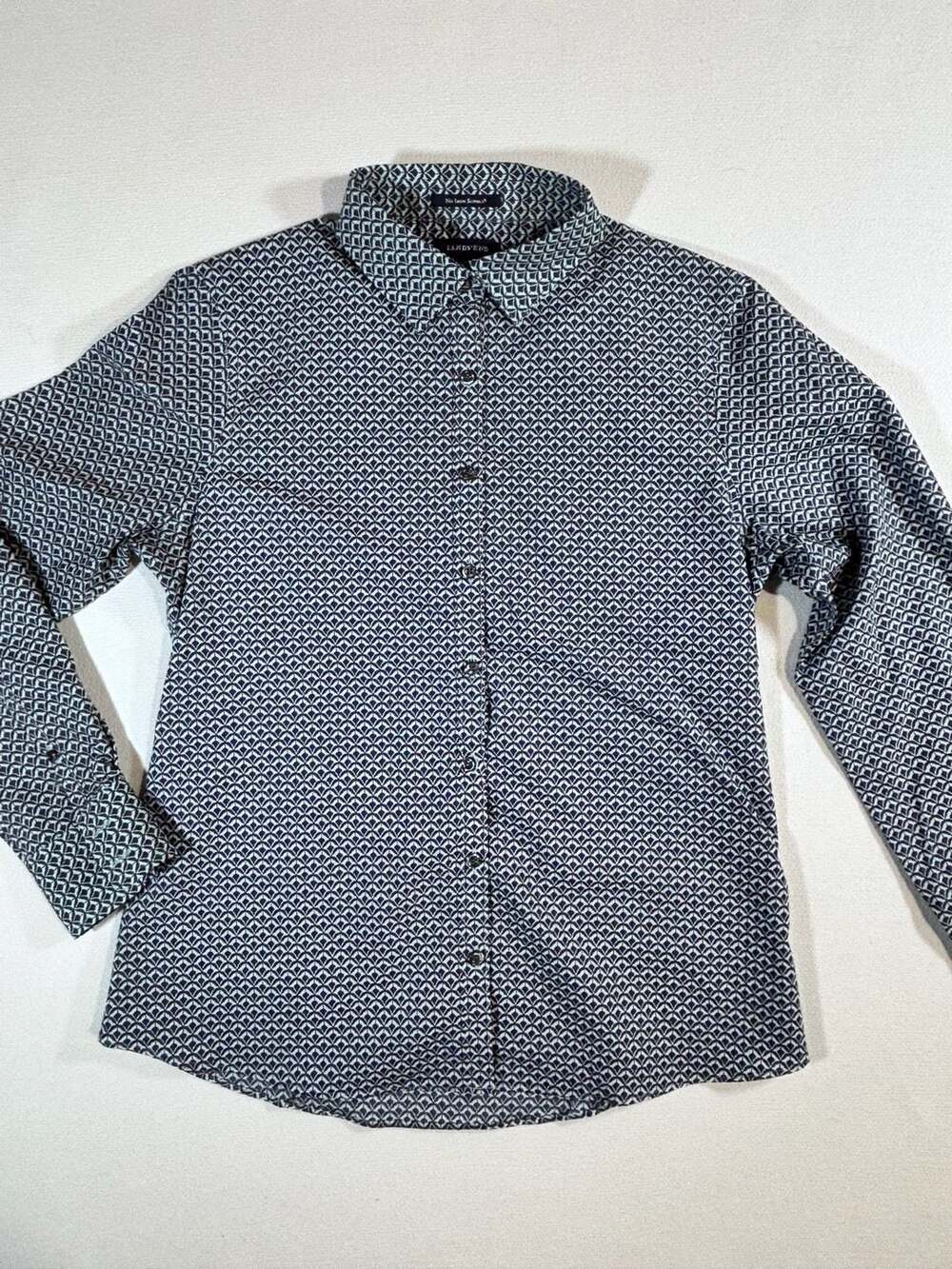Lands End Women's No Iron Supima Geometric Print Long Sleeve Button Shirt Size 8
